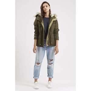 Topshop Jaxson Faux Fur Short Hooded Parka In Military Green